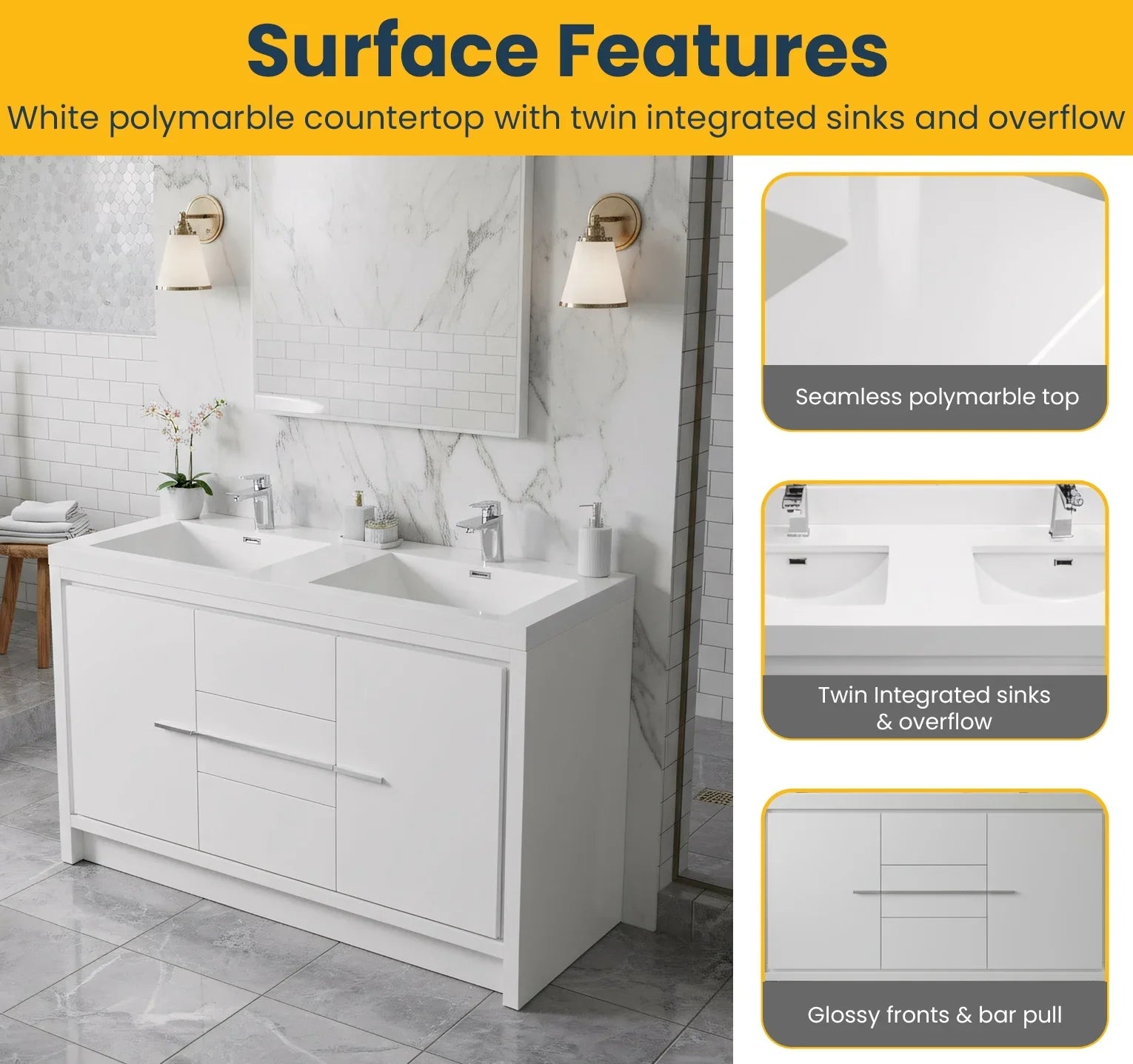 48" Glossy White Freestanding Double Sink Bathroom Vanity with White Polymarble Countertop