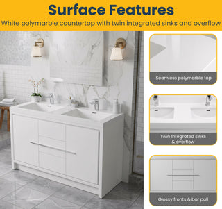 48" Glossy White Freestanding Double Sink Bathroom Vanity with White Polymarble Countertop