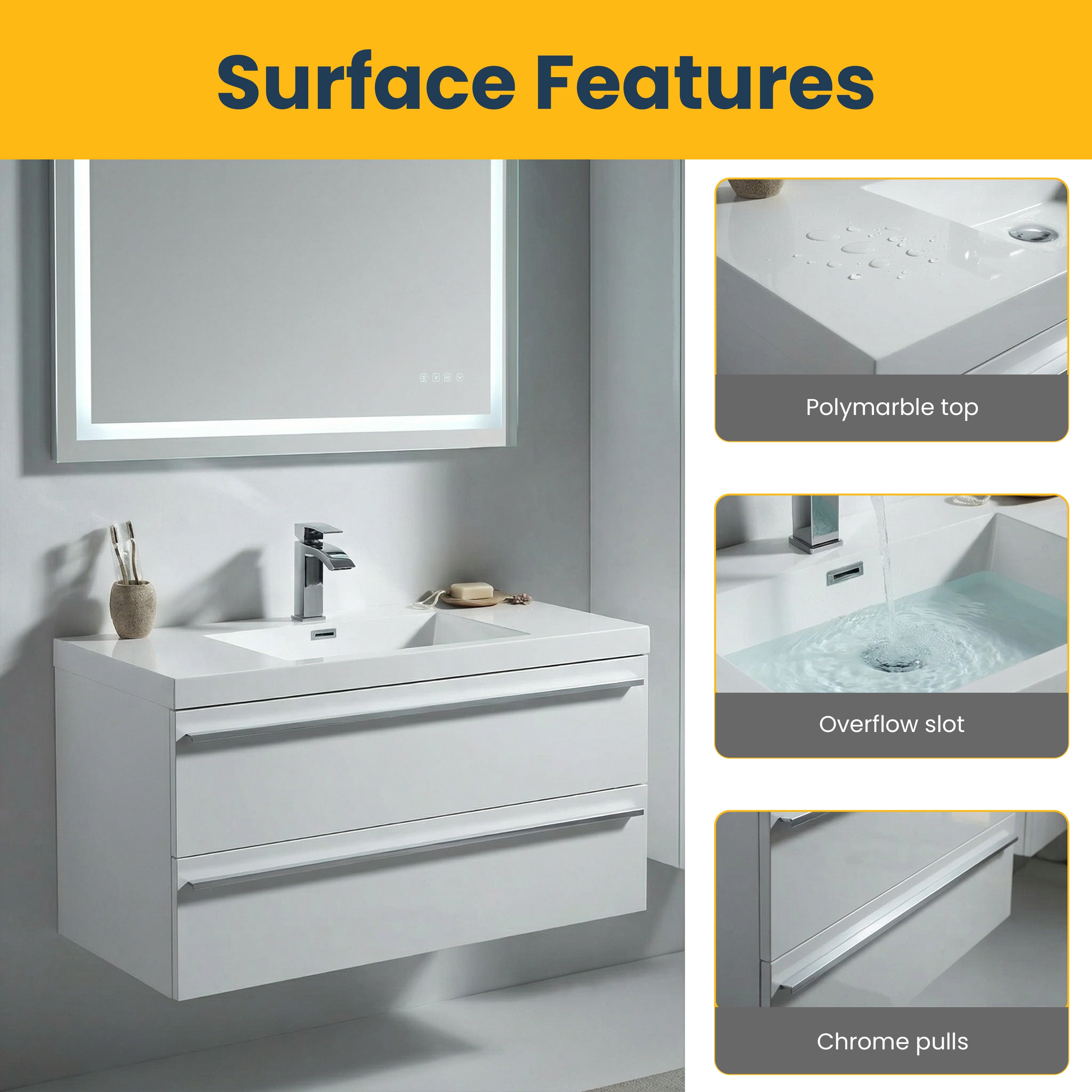 42" White Wall Mount Bathroom Vanity with White Polymarble Countertop