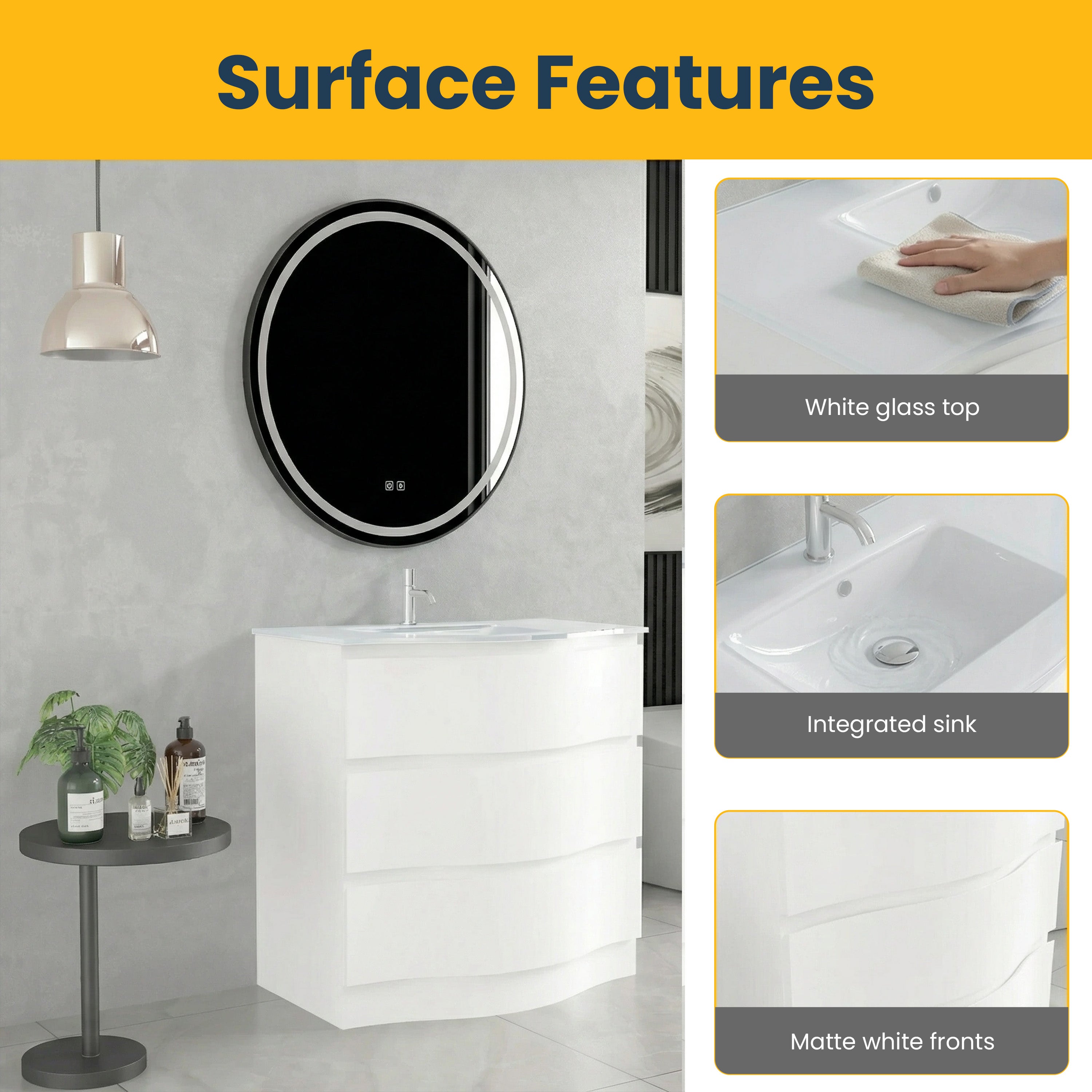 30" Matte White Freestanding Single Sink Bathroom Vanity with White Glass Countertop