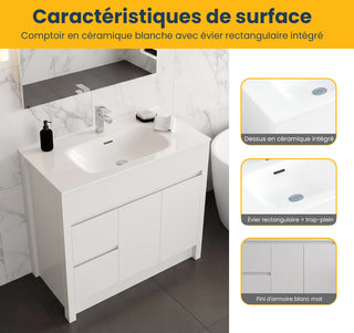 Meuble-Lavabo Autoportant 36po Blanc Mat avec Comptoir de Céramique Blanc