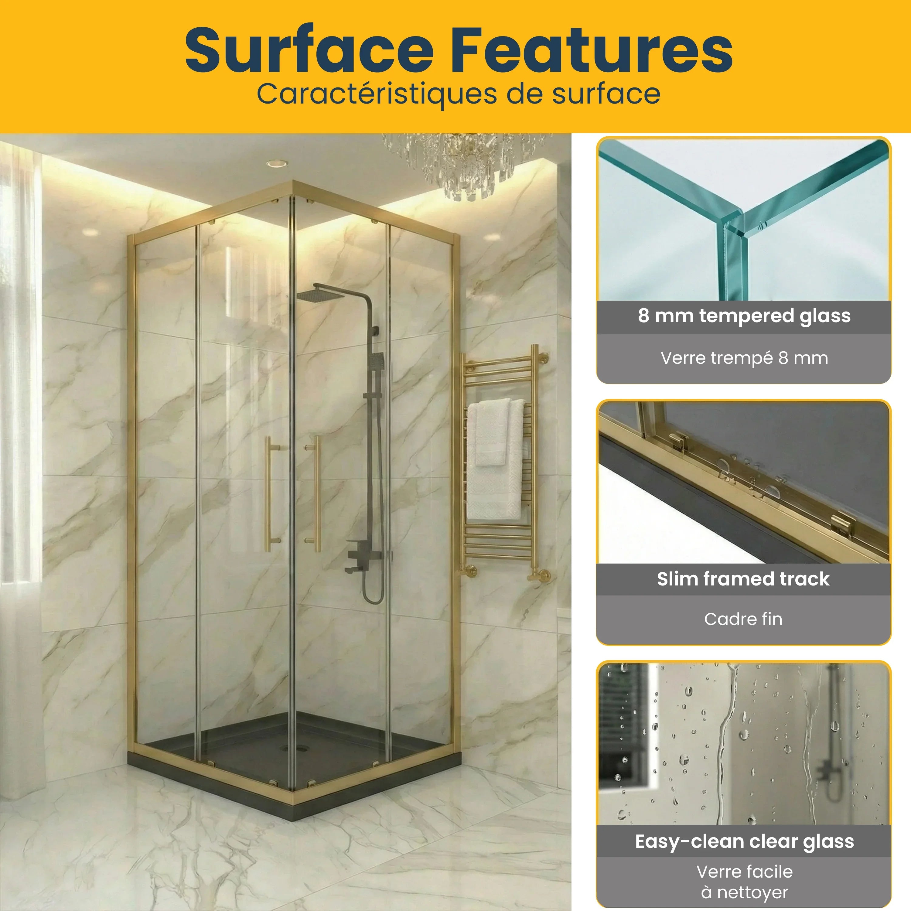 Porte de douche coin coulissante or brossé 36po x 36po avec base acrylique noire brillante