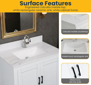 Meuble-Lavabo Autoportant 30po Blanc avec Comptoir de Marbre Calcutta d'ingénierie