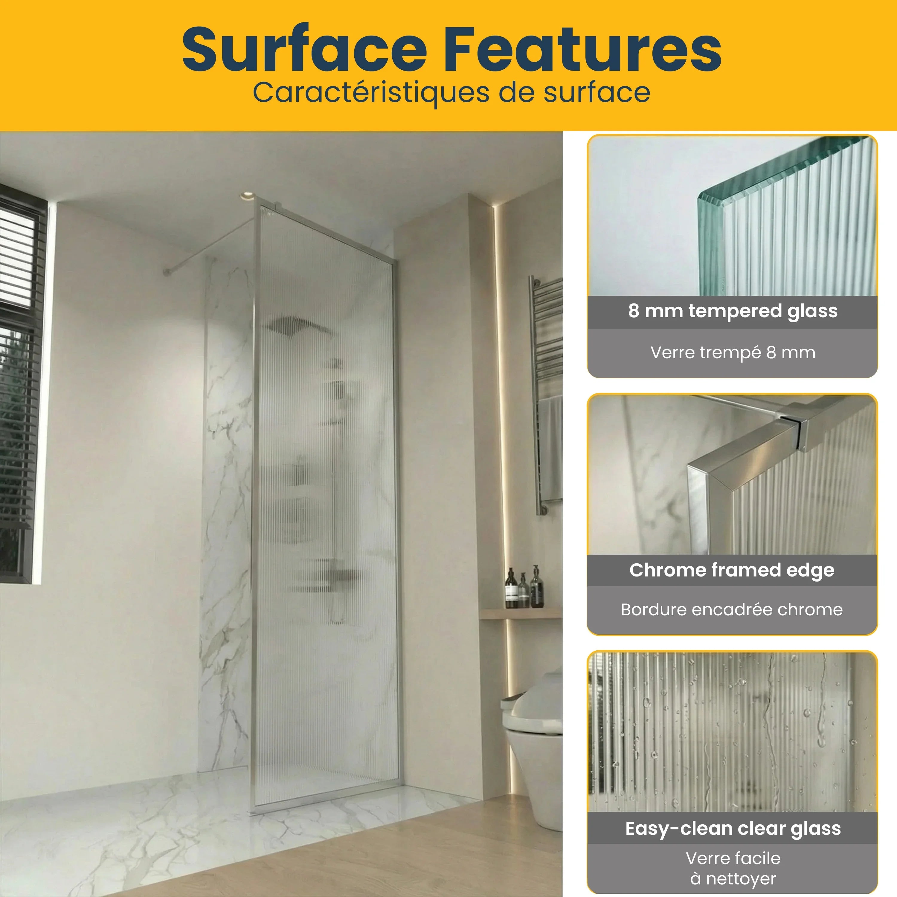 34" x 79" Chrome Reversible Walk-In Shower Panel with Fluted Ultra Clear Glass