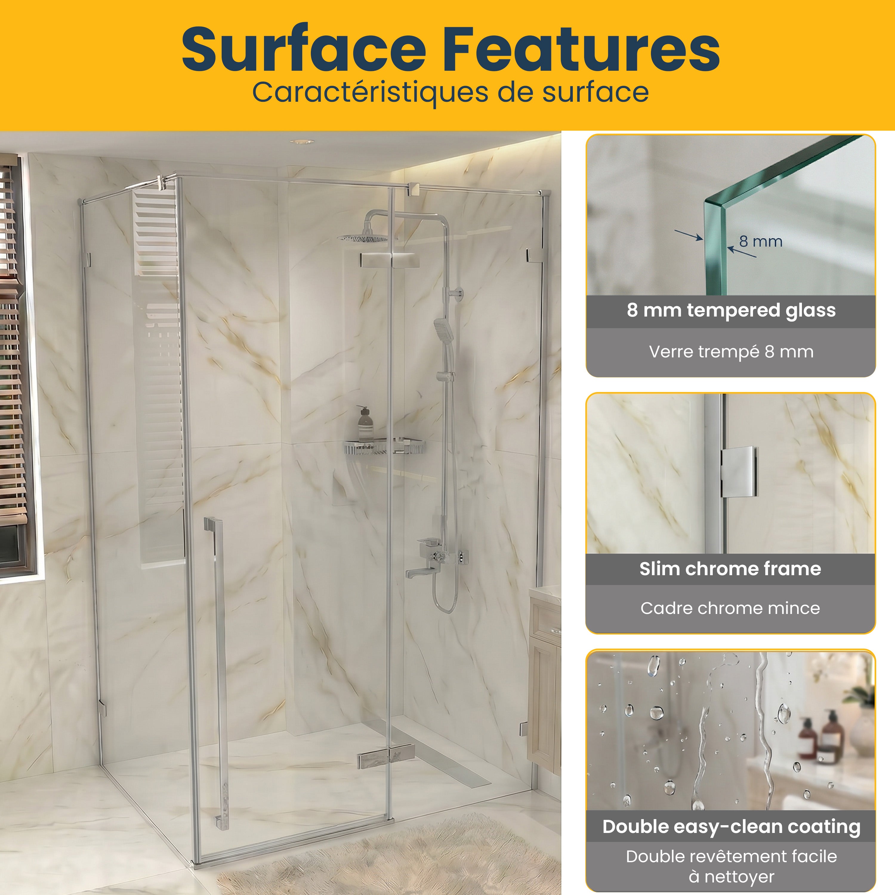 57.6"–58" W (Adjustable Width) x 79" H Frameless Reversible Pivot Shower Door in Chrome with 34.1"–34.5" Side Panel - Clear Glass