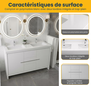 Meuble-Lavabo Autoportant 60po Blanc Brillant avec Comptoir de Polymarbre Blanc 