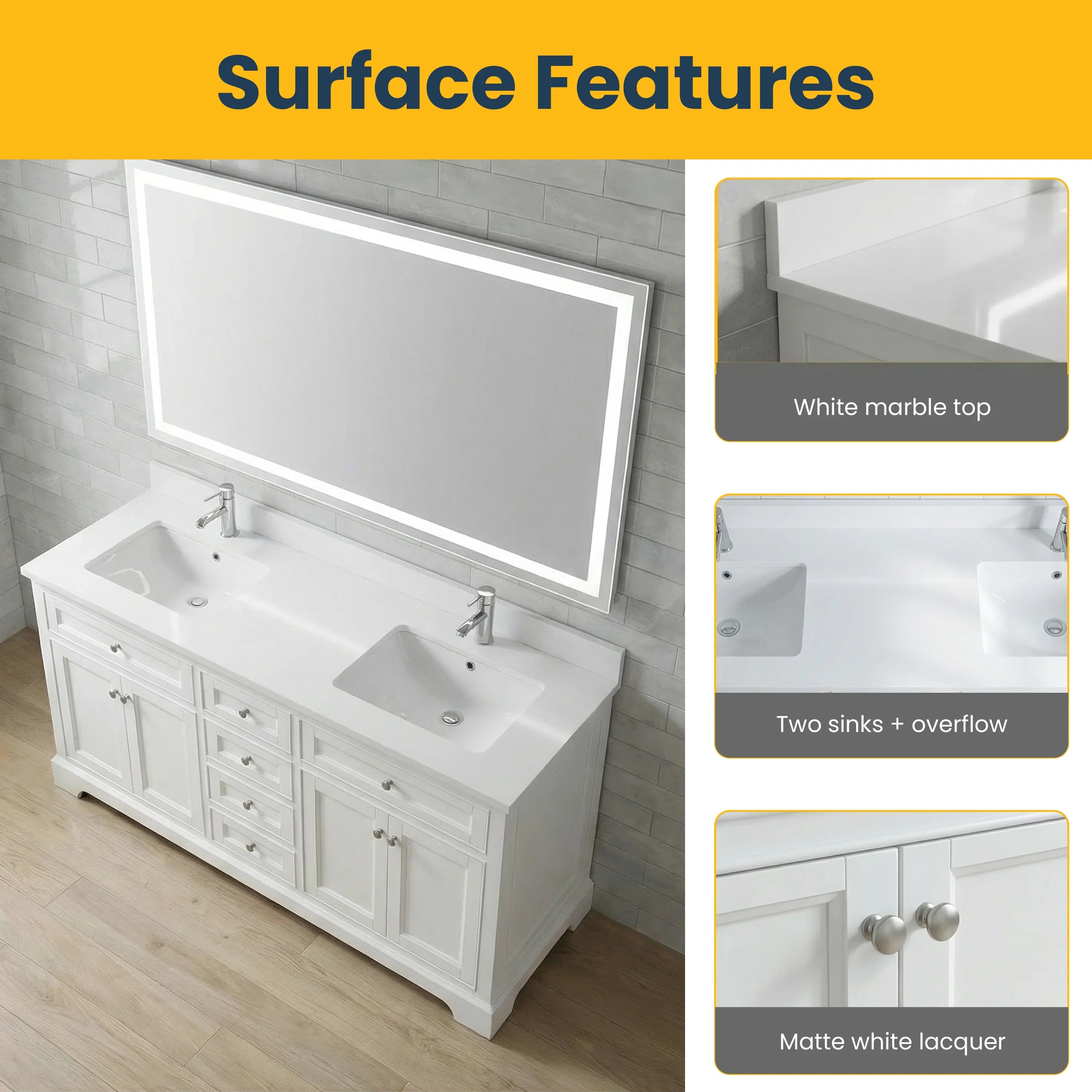 72" White Freestanding Bathroom Vanity with Engineered White Marble Countertop