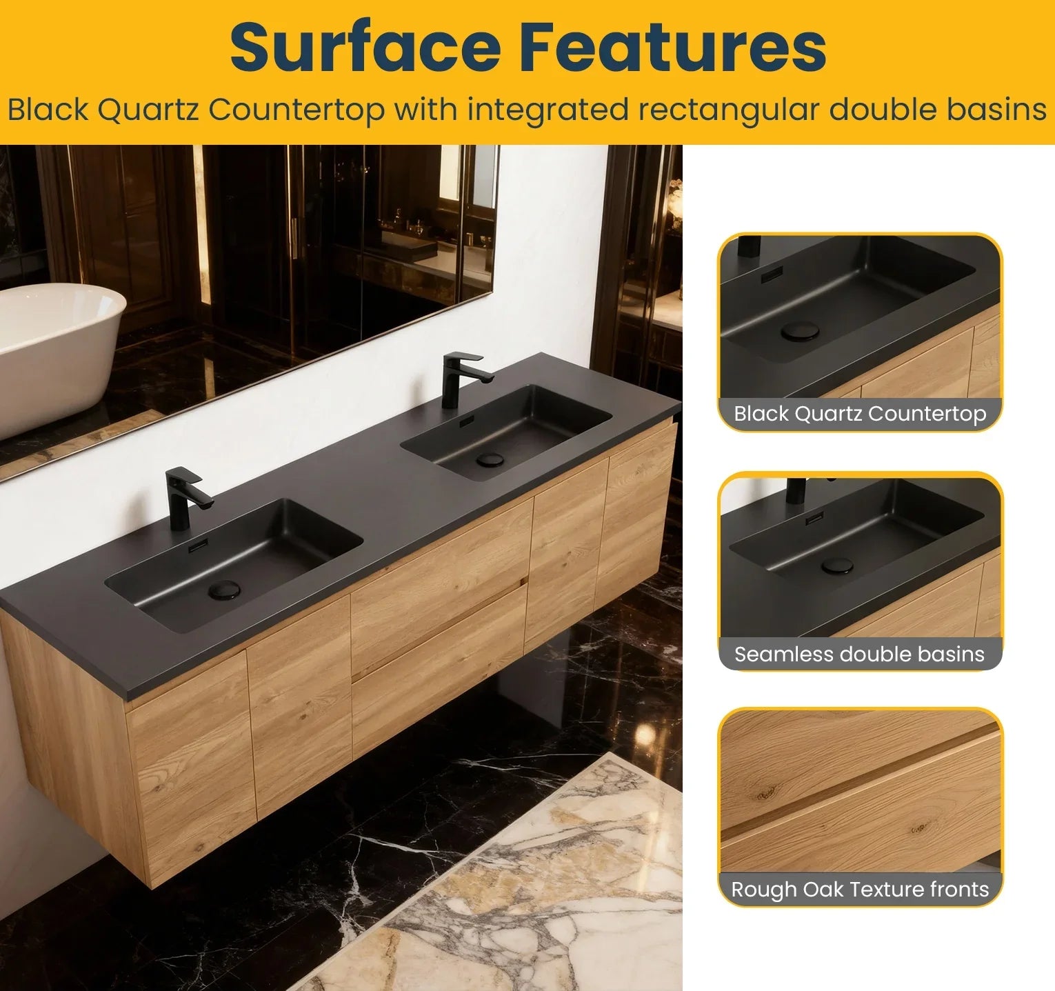 Meuble-Lavabo 72po Chêne Brut avec Comptoir de 72 Quartz Noir Lavabo Double