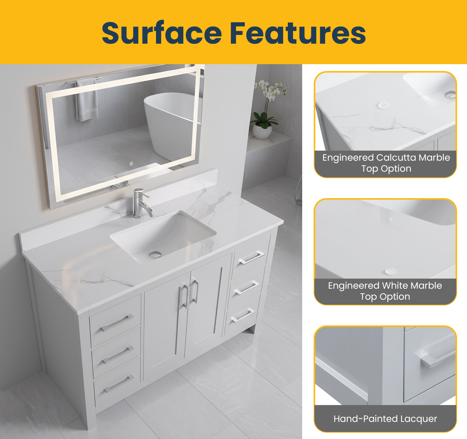 Meuble Lavabo Autoportant Hampton Gris 42po avec Comptoir en Marbre Calcutta