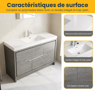 60" Cement Freestanding Single Sink Bathroom Vanity with White Polymarble Countertop