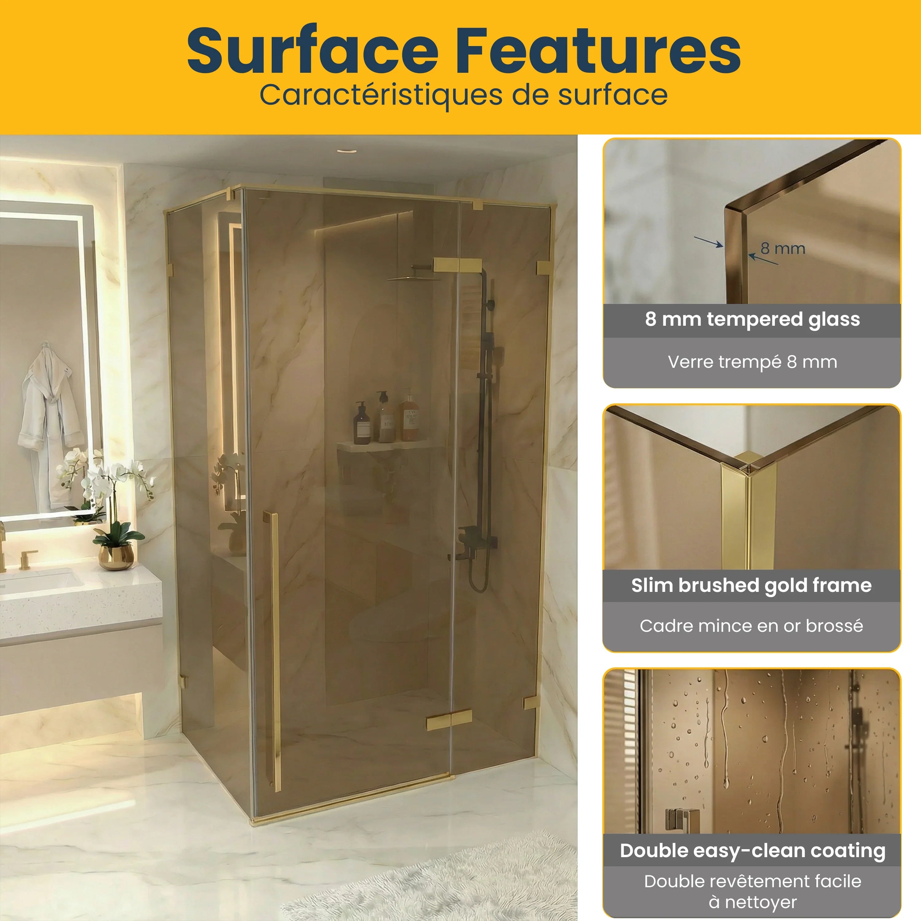 Porte de douche pivotante 48po x 79po or brossé avec verre teinté brun et panneau latéral 32po