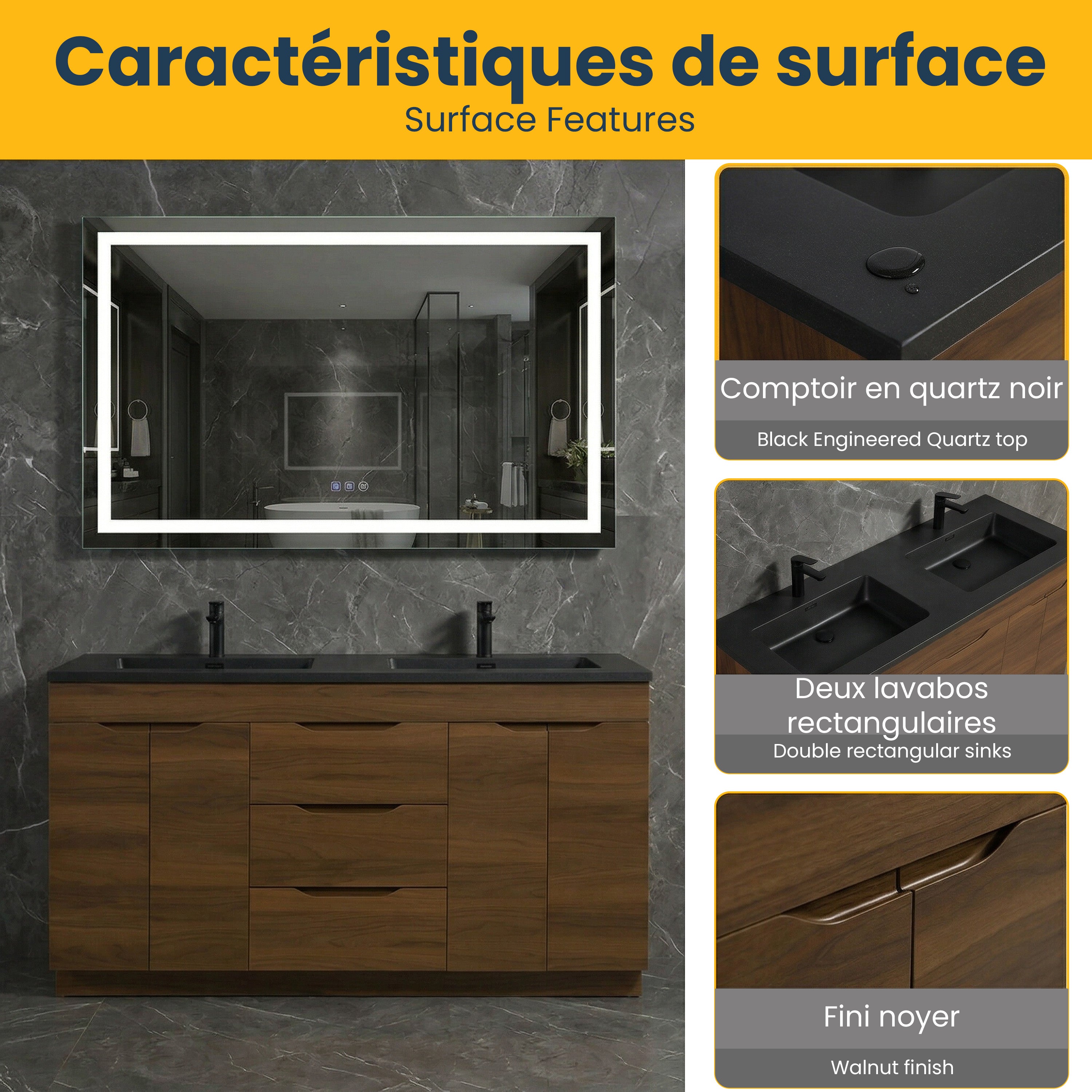 60" Walnut Freestanding Double Sink Vanity with Black Engineered Quartz Countertop