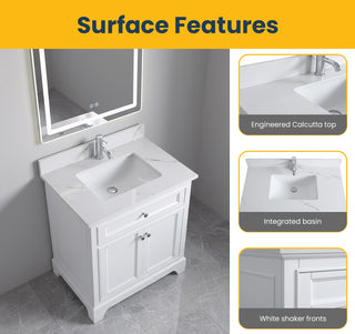 30" White Freestanding Bathroom Vanity with Engineered Calcutta Marble Countertop