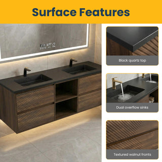 Meuble-Lavabo Mural 72po Noyer avec Comptoir de Quartz d'ingénierie Noir