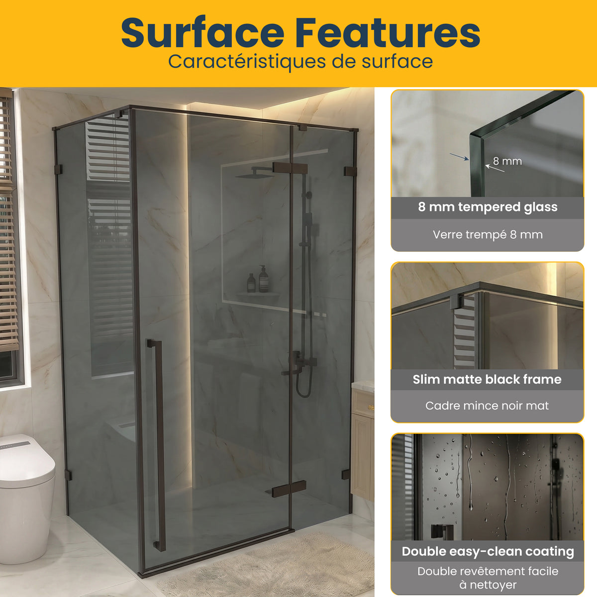 45.6"–46" W (Adjustable Width) x 79" H Frameless Reversible Pivot Shower Door in Matte Black with 30.2"–30.5" Side Panel – Black Tinted Glass
