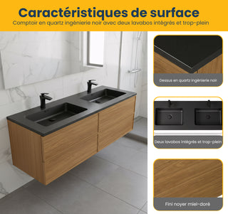 Meuble-Lavabo Mural 60po Noyer Miel Doré avec Comptoir de Quartz d'ingénierie Noir