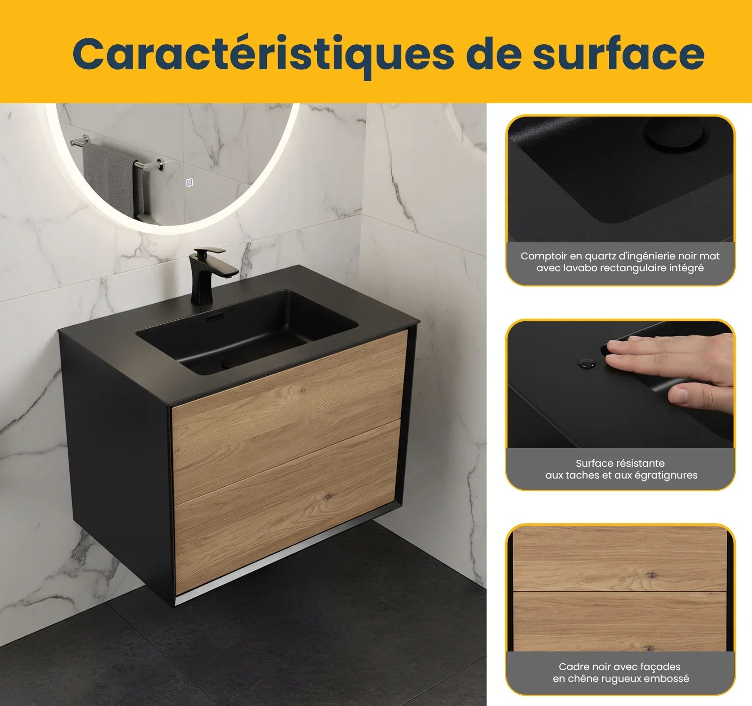 30" Black & Rough Oak Wall Mount Vanity with Black Engineered Quartz Countertop