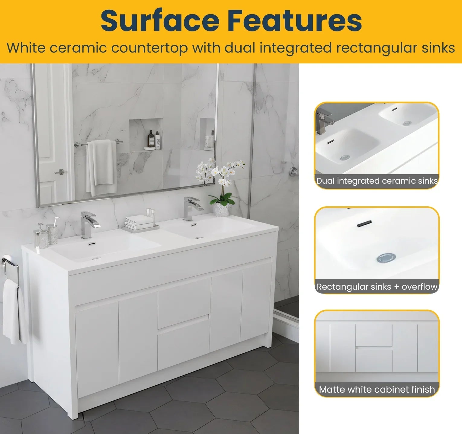 Meuble-Lavabo Autoportant 60po Blanc Mat avec Comptoir de Polymarbre Blanc