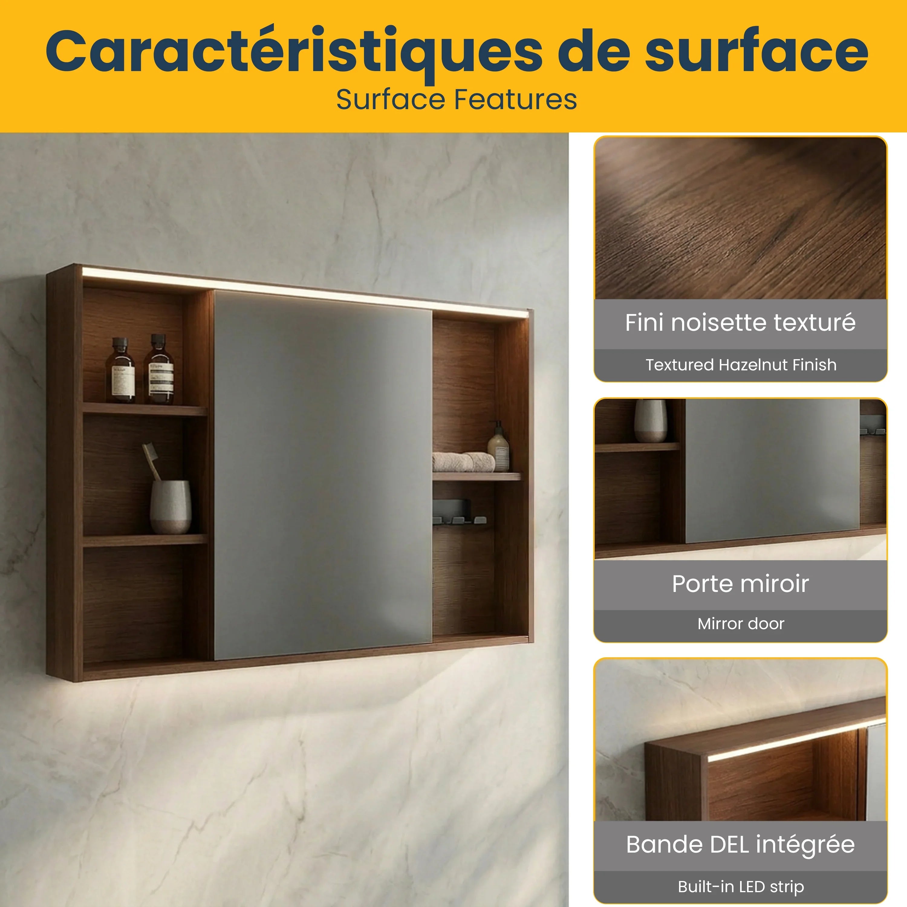 Armoire à pharmacie DEL 40po en noisette avec portes à fermeture douce