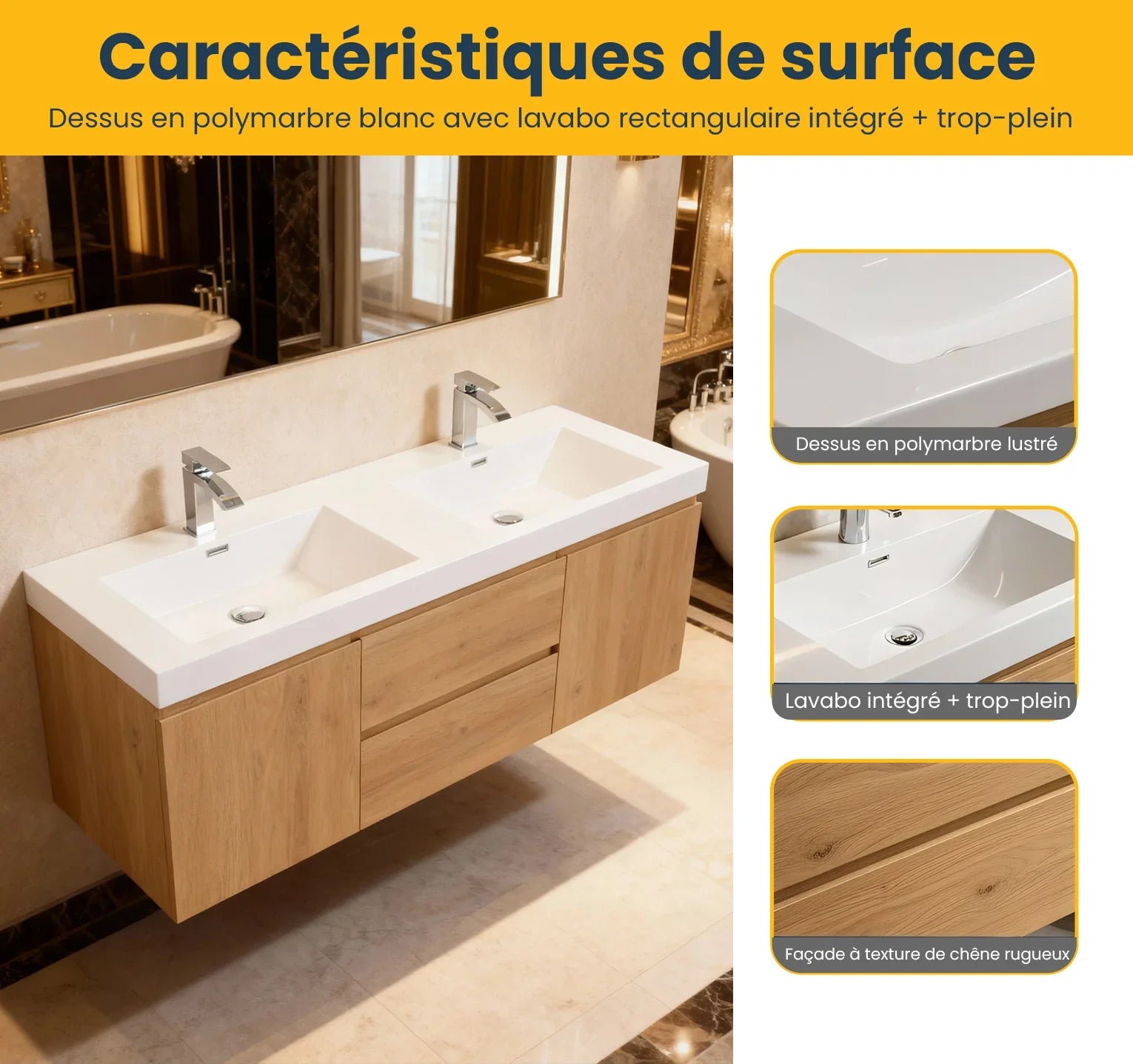 60" Rough Oak Wall Mount Double Sink Bathroom Vanity with White Polymarble Countertop