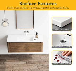 Meuble-Lavabo Mural 48po Noyer avec Comptoir de Surface solide Blanc Mat