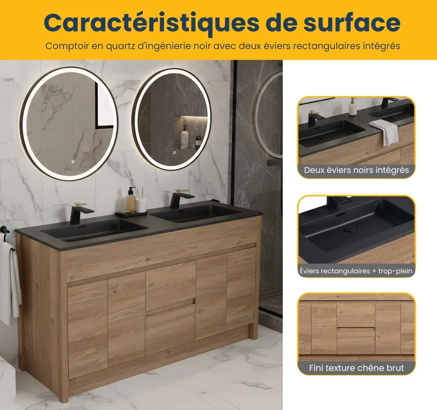 60" Rough Oak Freestanding Double Sink Bathroom Vanity with Black Engineered Quartz Countertop