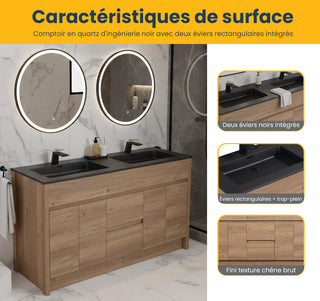 60" Rough Oak Freestanding Double Sink Bathroom Vanity with Black Engineered Quartz Countertop