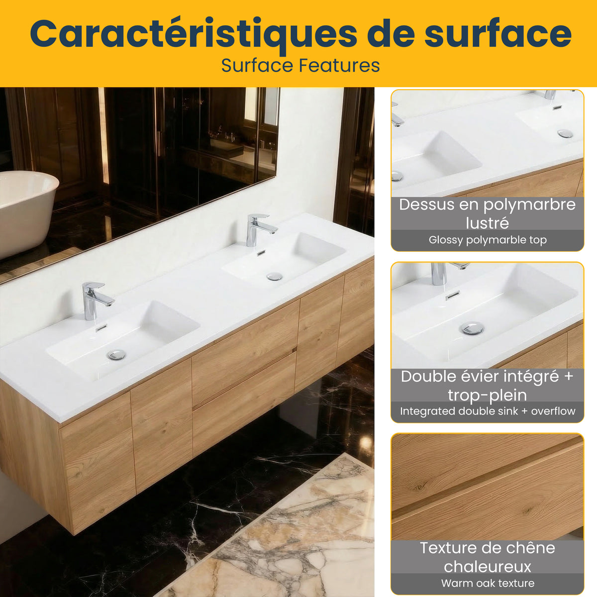 Meuble-Lavabo Mural 72po Chêne Brut avec Comptoir de Polymarbre Blanc