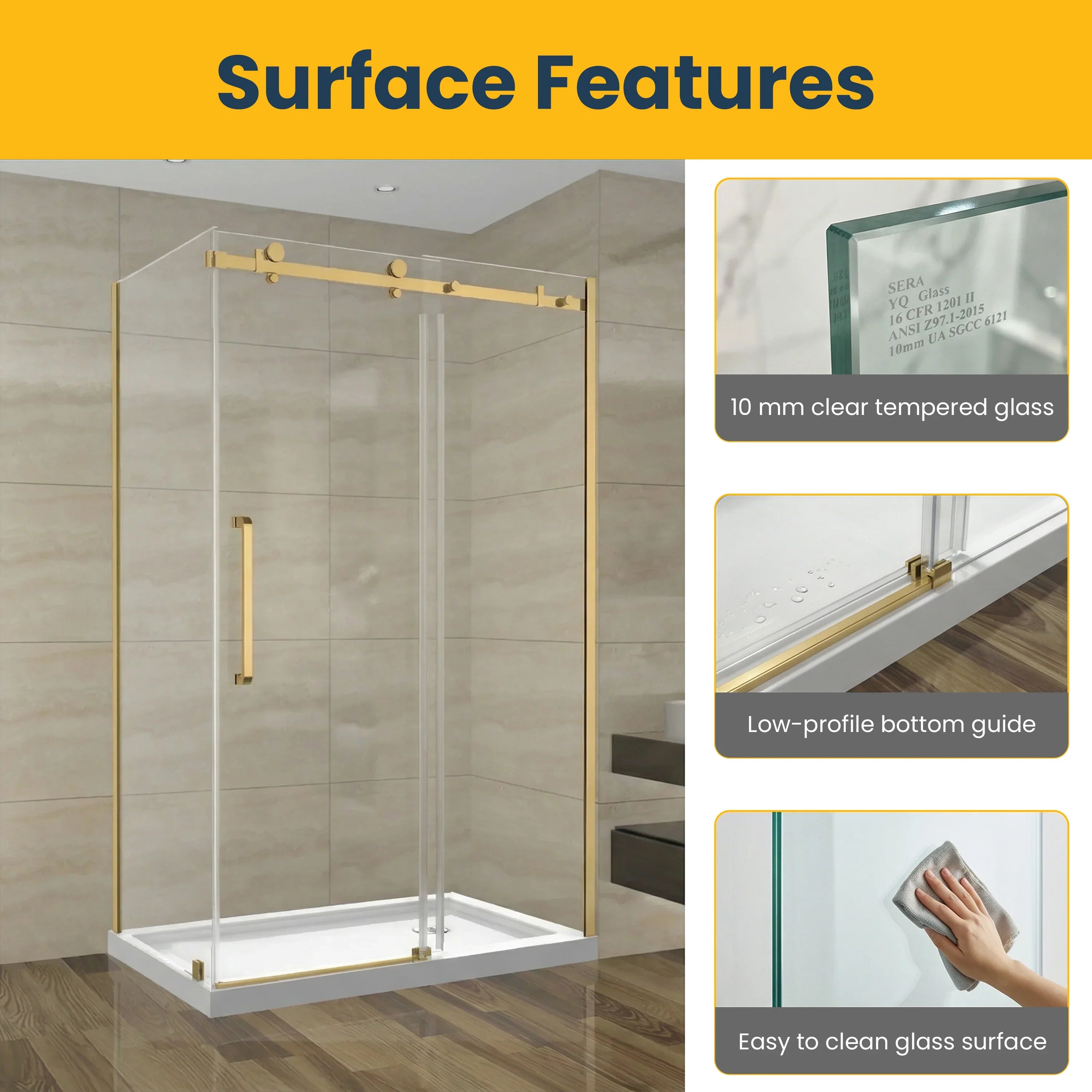 Porte de douche coulissante 48po x 32po x 75po en or brossé avec panneau latéral 32po