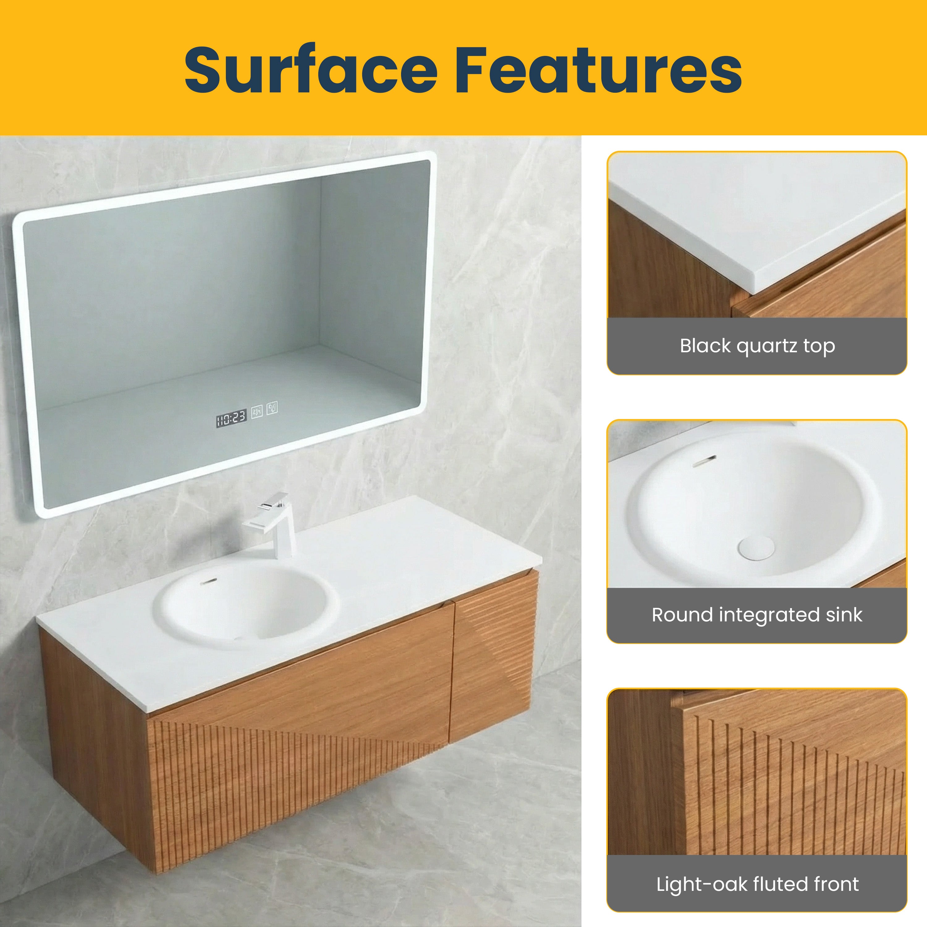 48" Light Oak Wall Mount Bathroom with White Solid Surface Countertop