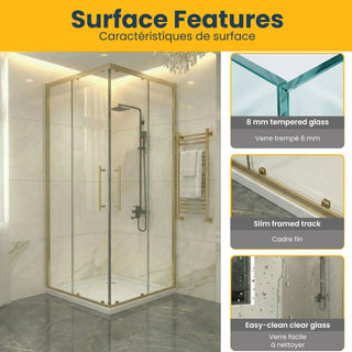 36 po x 36 po x 79 po Porte de Douche Or Brossé coulissant au coin Réversible avec Verre Clair et 36 po x 36 po Base de Douche en Acrylique Blanc Brillant avec Drain au Coin