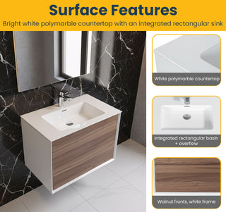 30" Walnut Wall Mount Vanity with White Polymarble Countertop