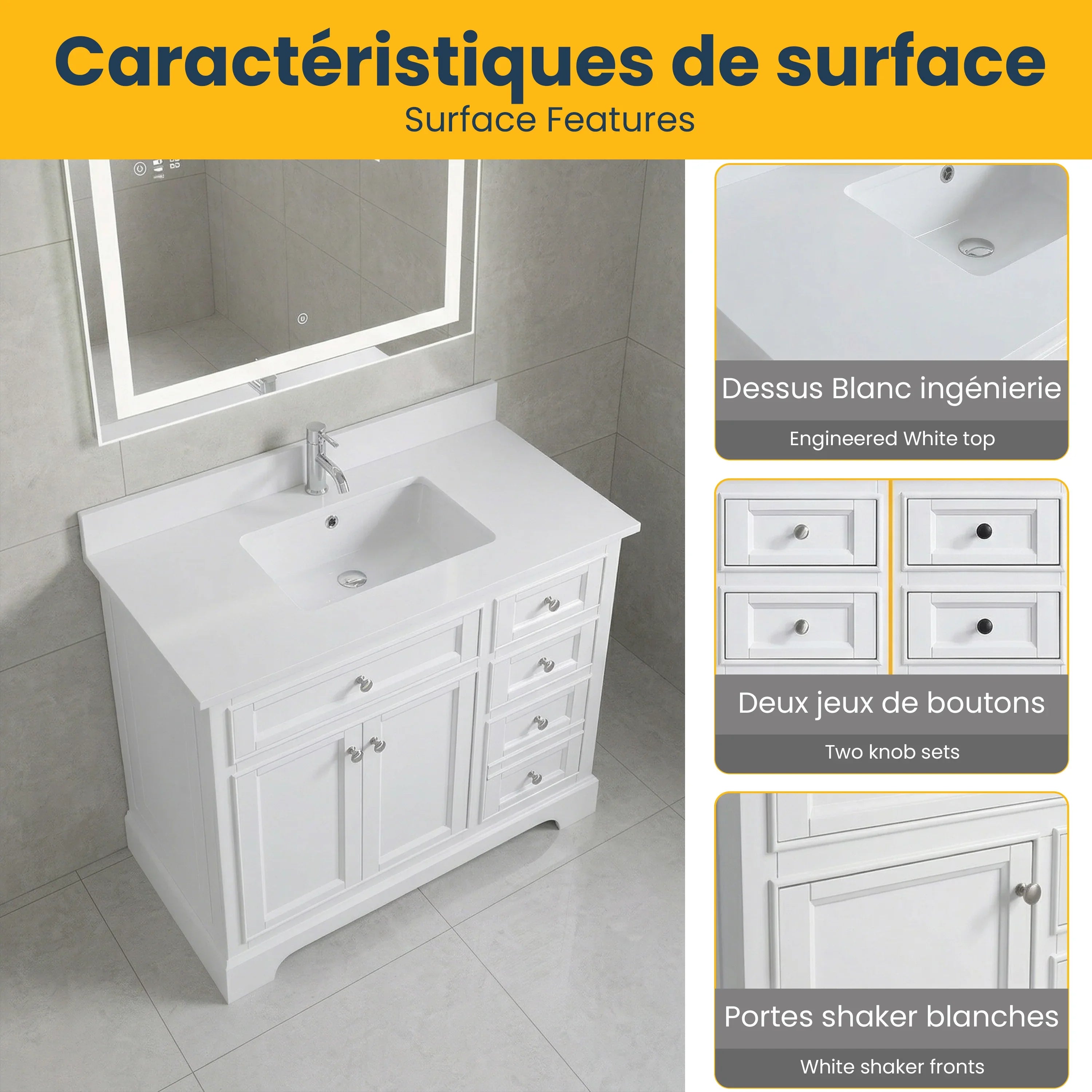 42" White Freestanding Single Sink Bathroom Vanity with Engineered White Marble Countertop