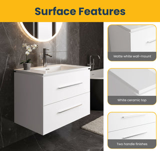 Meuble-Lavabo Mural 24po Blanc Mat avec Comptoir de Céramique Blanc