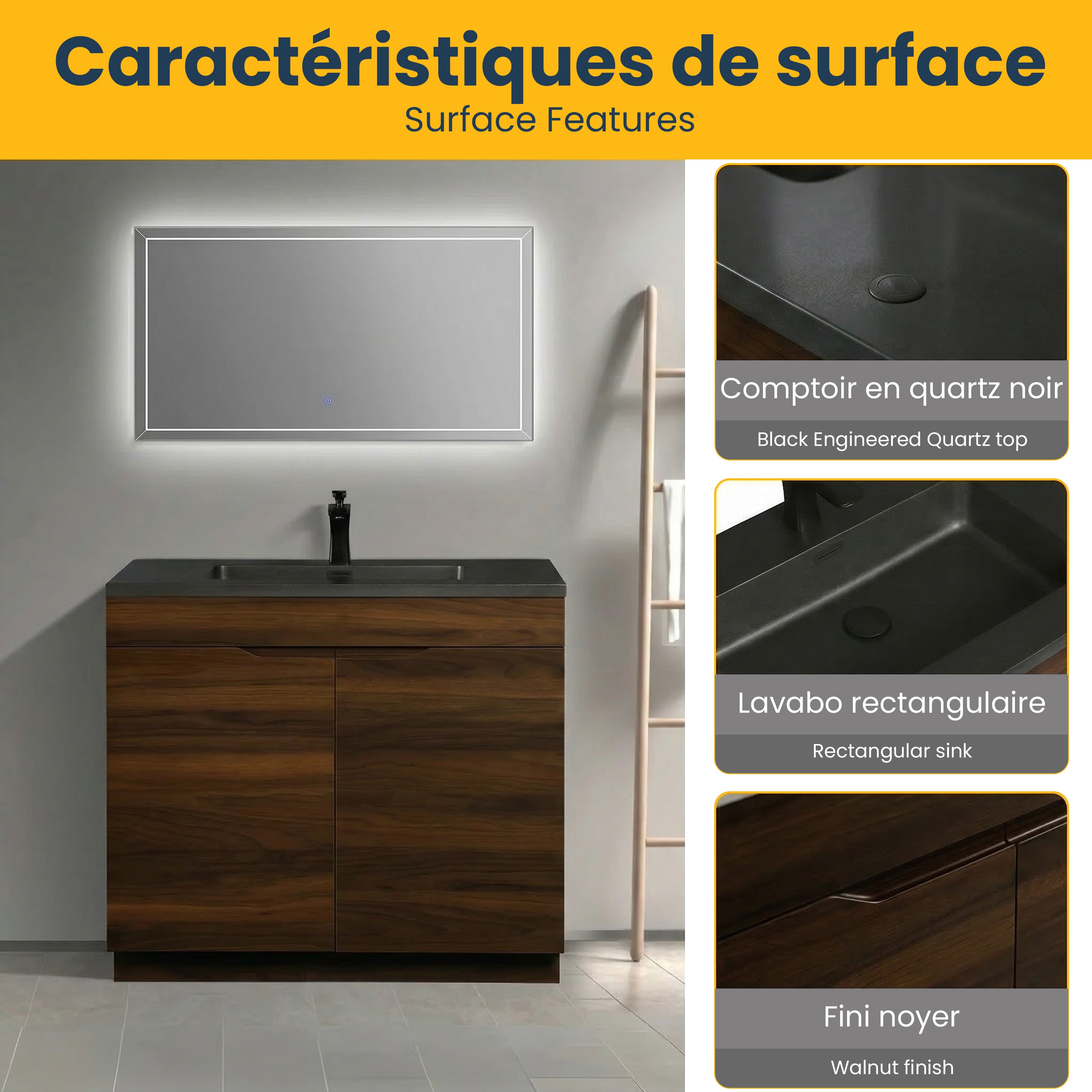 36" Walnut Freestanding Vanity with Black Engineered Quartz Countertop - Augusta Collection