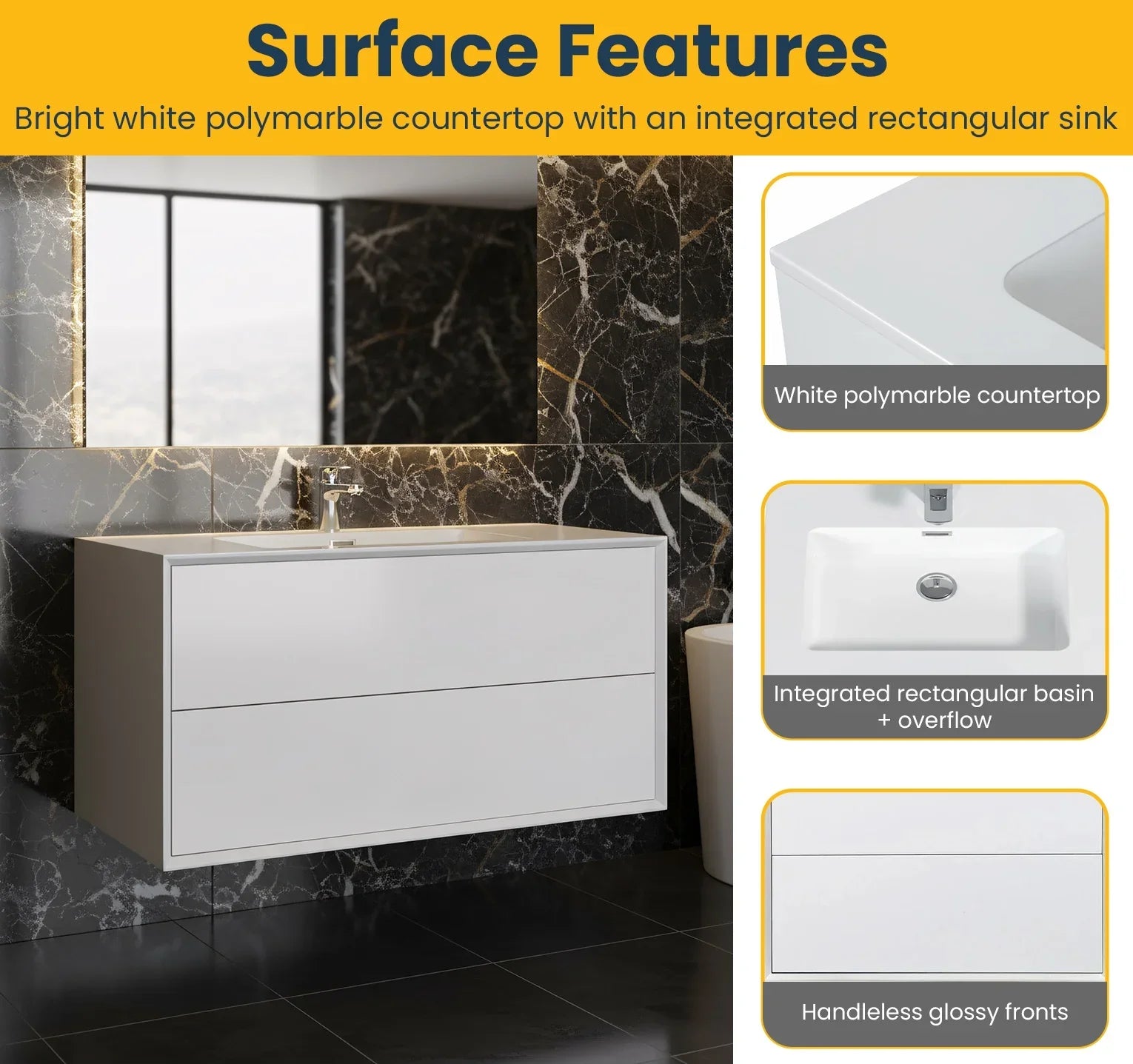 36" White Wall Mount Vanity with White Polymarble Countertop