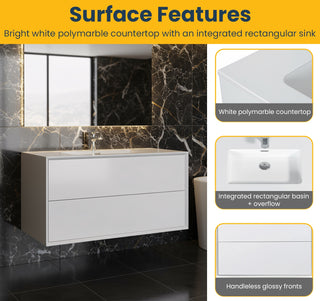 Meuble-lavabo mural blanc 36" avec Comptoir en polymarbre blanc