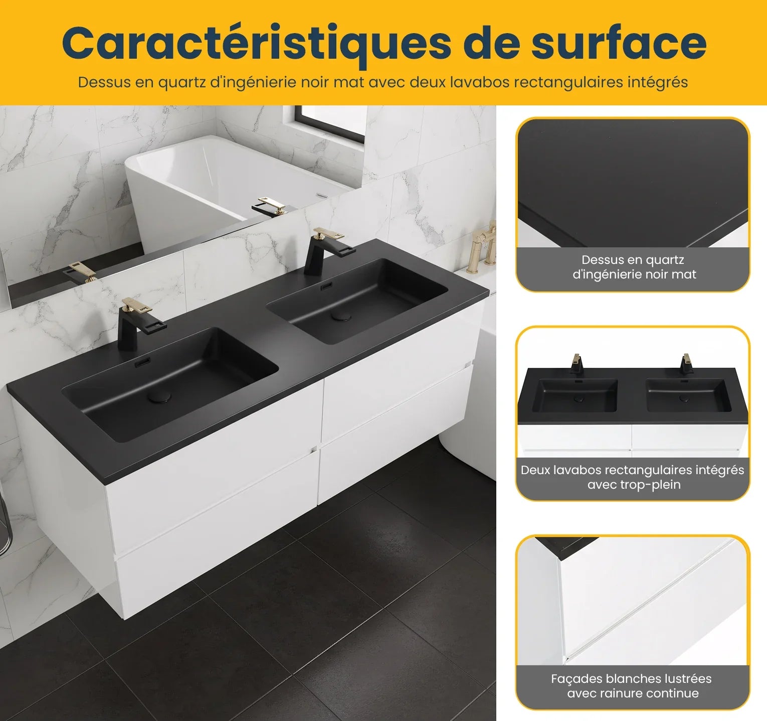 60" White Wall Mount Double Sink Bathroom Vanity with Black Engineered Quartz Countertop