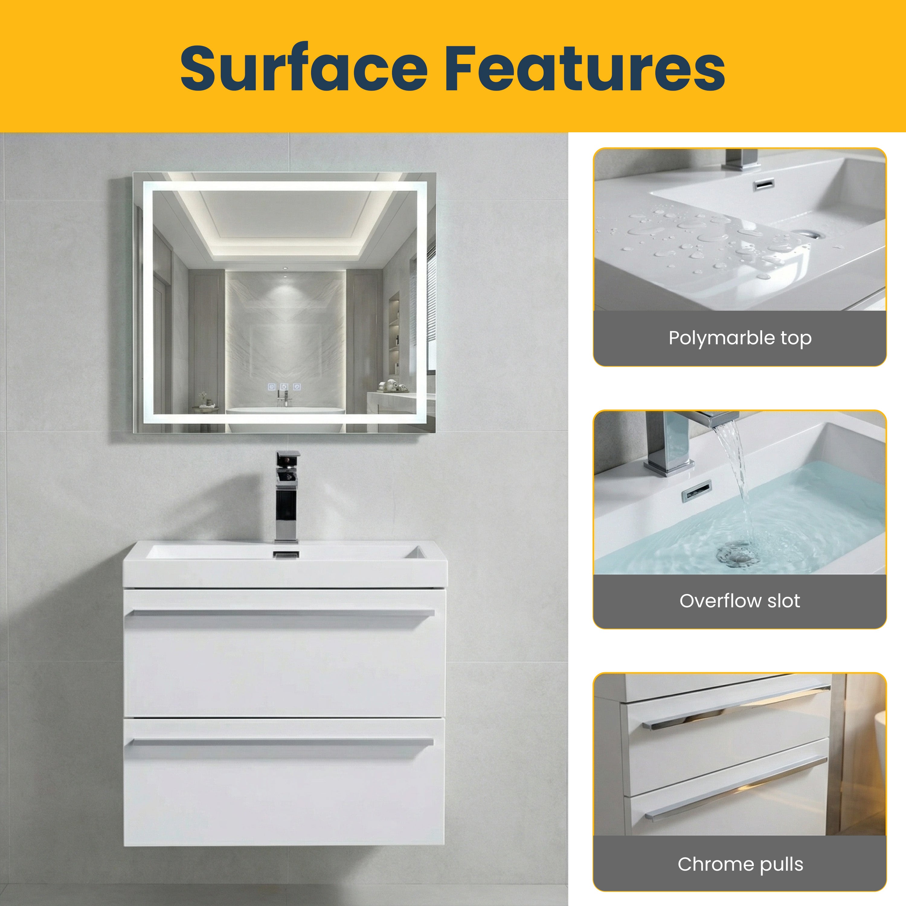 Meuble-lavabo mural blanc 24" avec Comptoir en polymarbre blanc