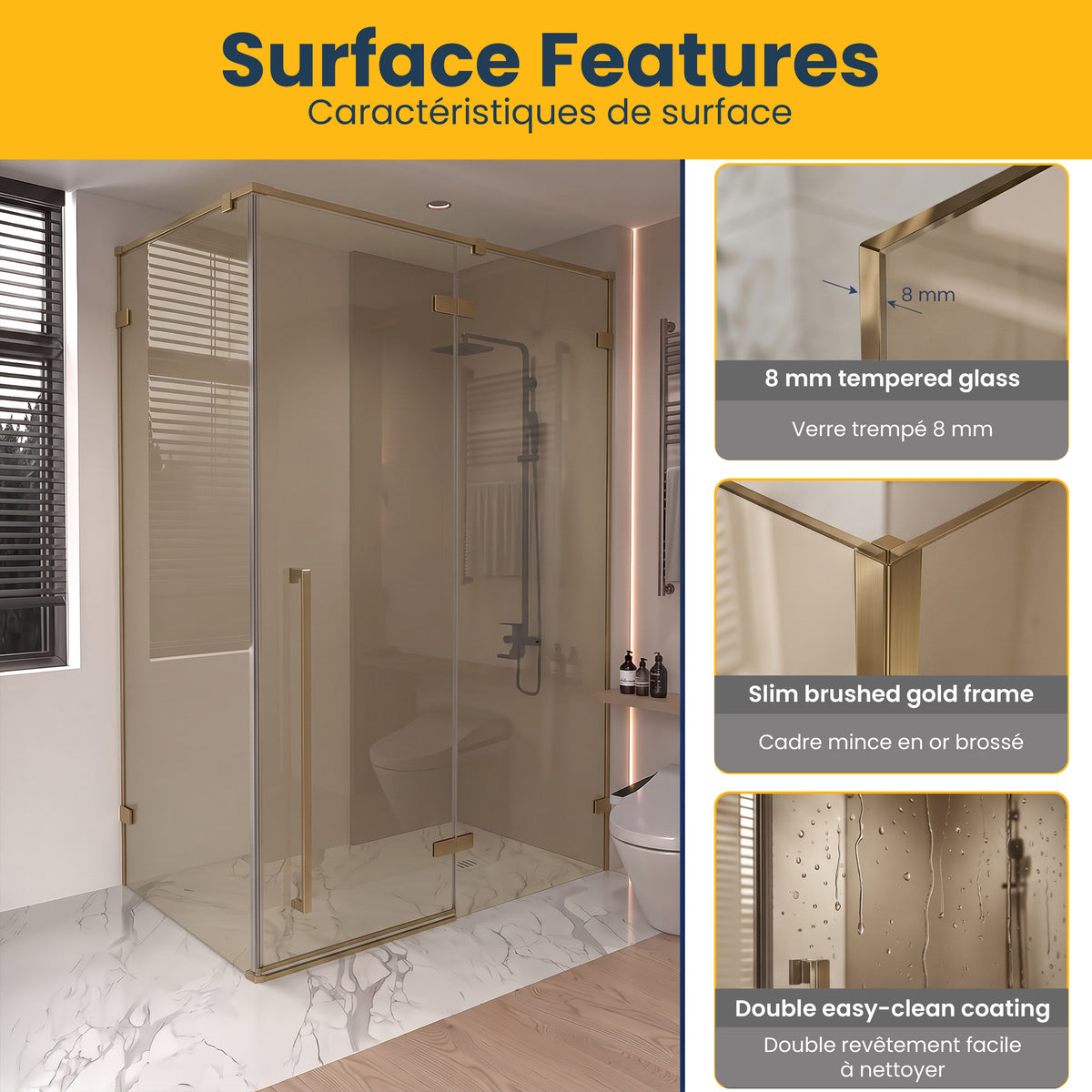 57,6po–58po L (largeur ajustable) x 79po H Porte de douche pivotante réversible sans cadre en or brossé avec verre teinté brun et panneau latéral 30,2po–30,5po