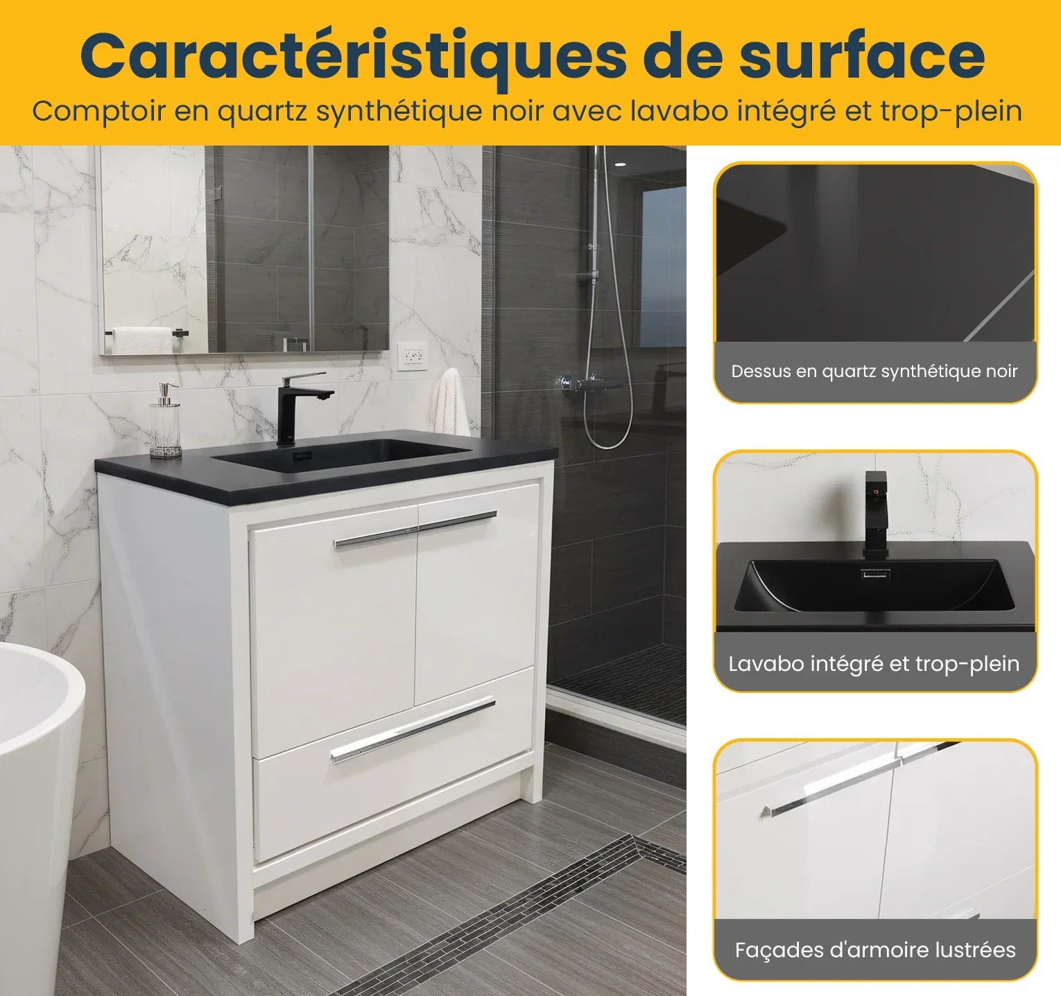 36" Glossy White Freestanding Bathroom Vanity with Black Engineered Quartz Countertop