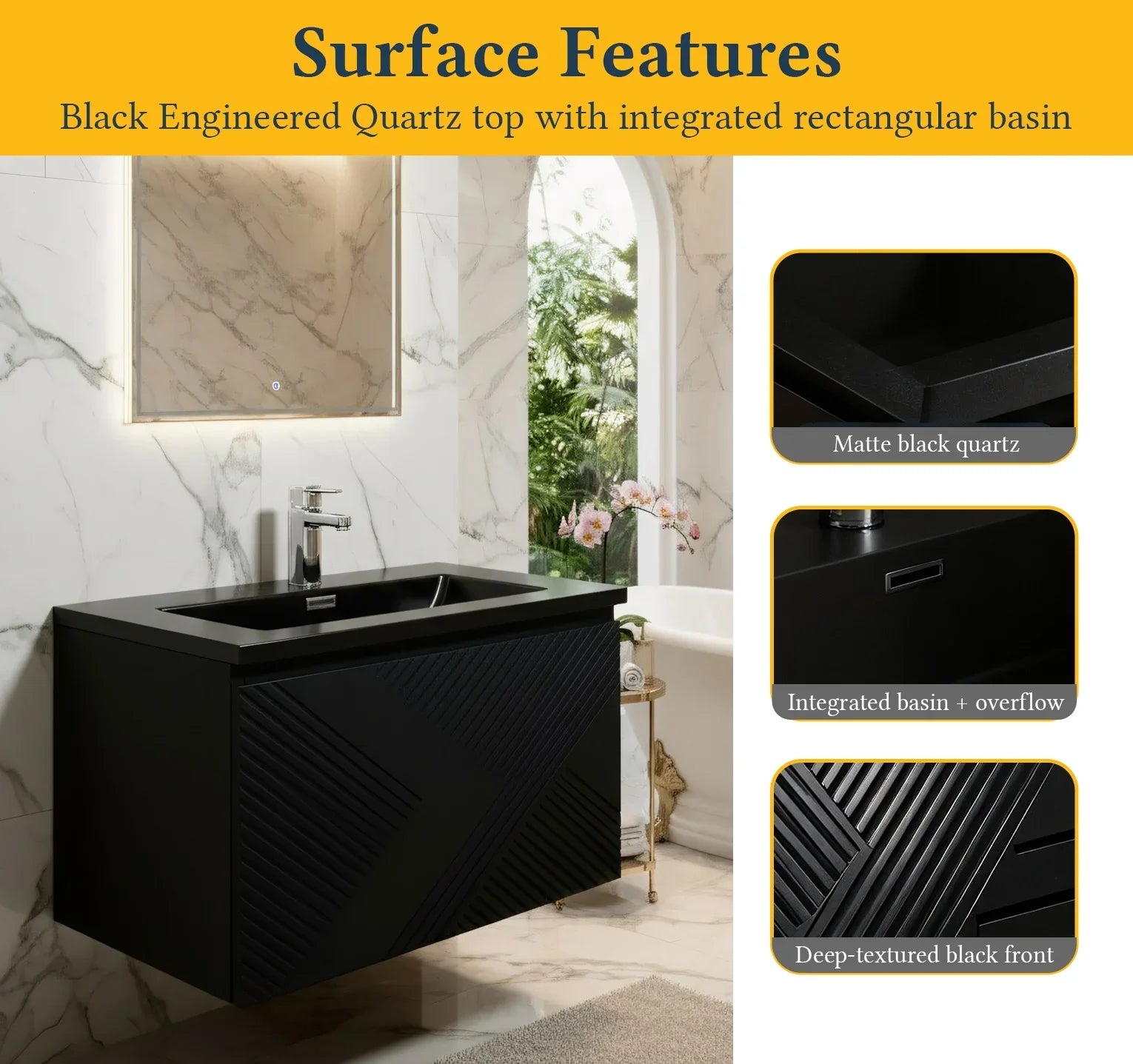 30" Black Wall Mount Bathroom Vanity with Black Engineered Quartz Countertop