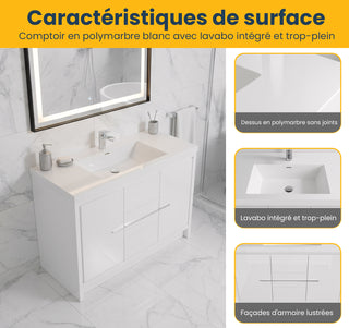 48" Glossy White Freestanding Single Sink Bathroom Vanity with White Polymarble Countertop