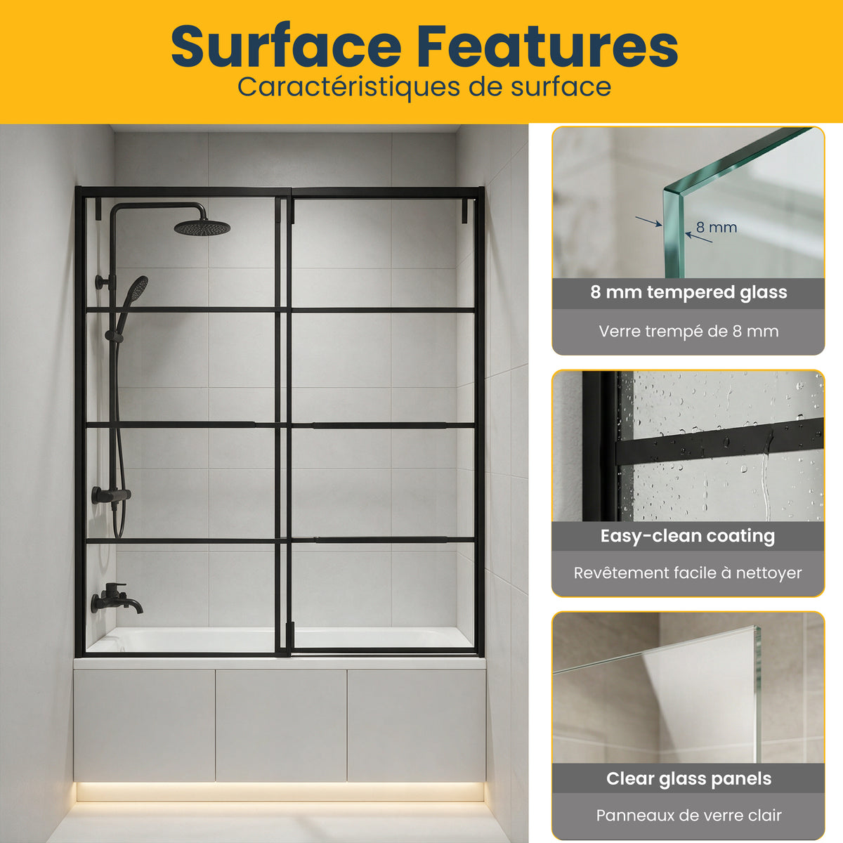 60" x 66" Matte Black Framed Sliding Bathtub Door with Grid Design - Reversible