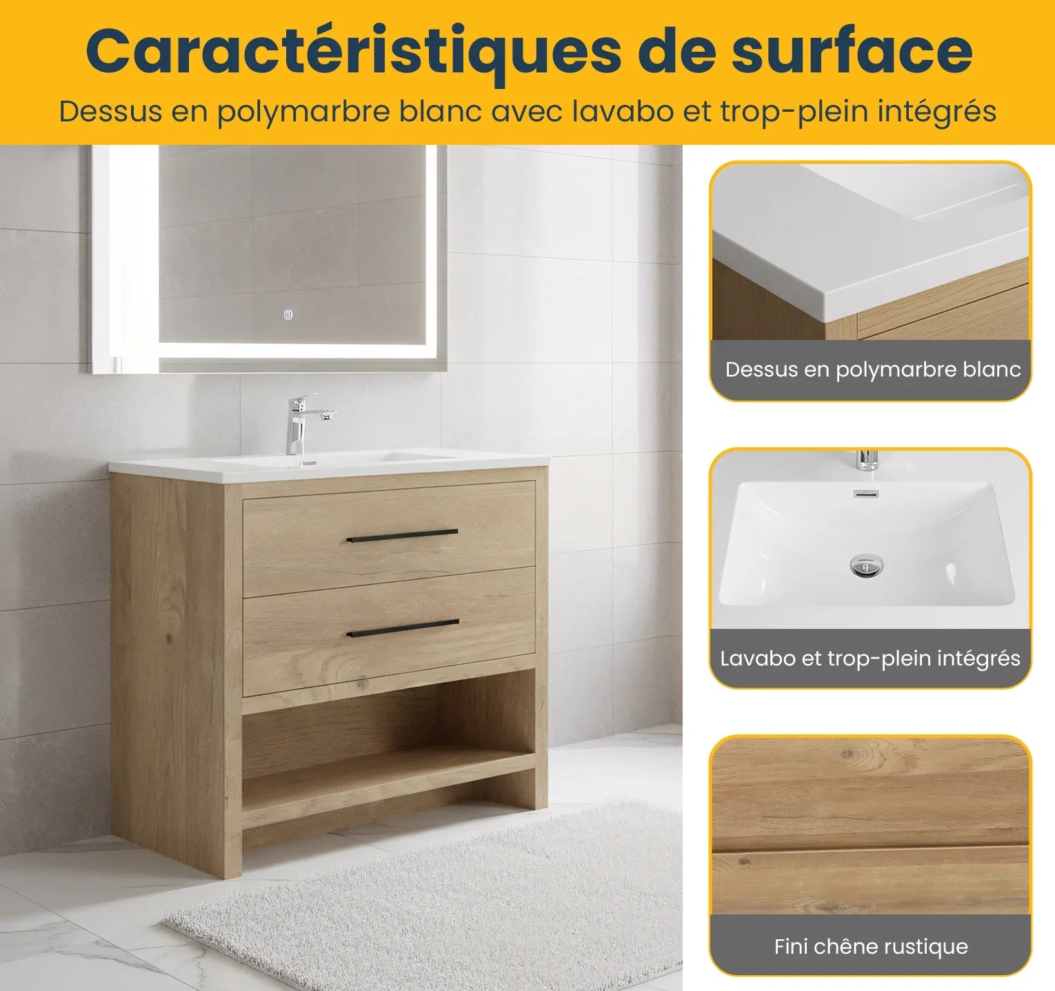 36" Rough Oak Freestanding Bathroom Vanity with White Polymarble Countertop