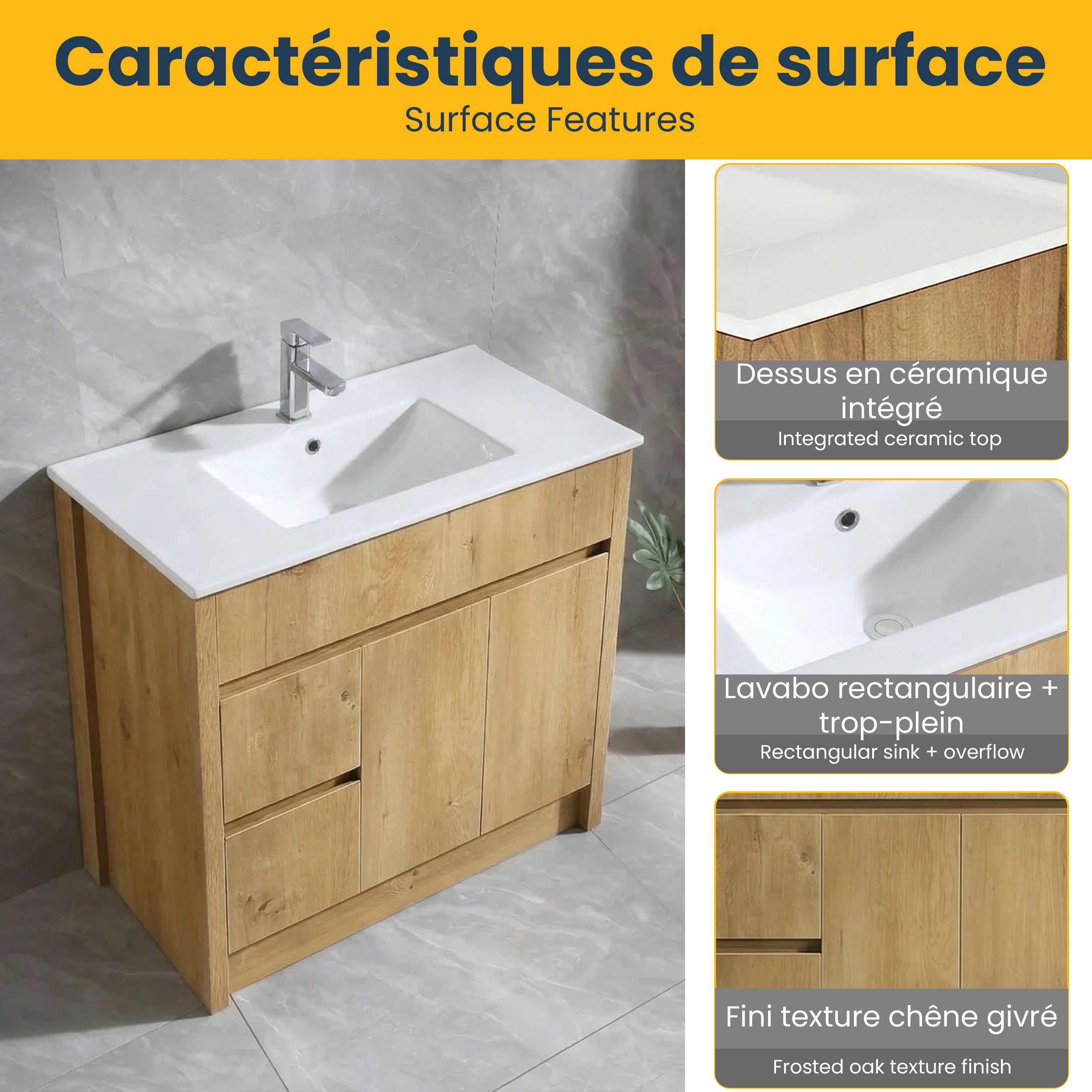 Meuble-Lavabo Autoportant 36 Chêne Givré avec Comptoir en Céramique