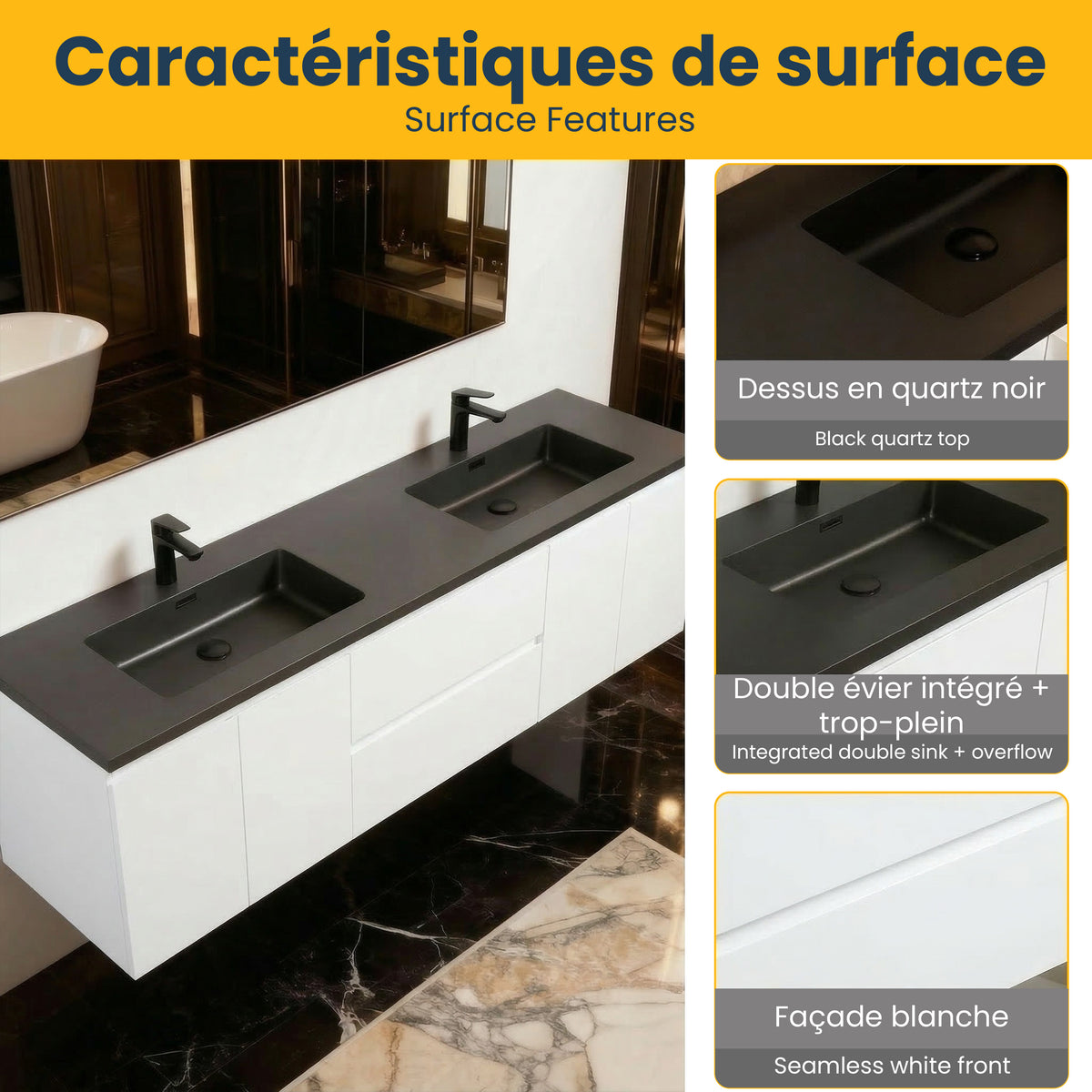 Meuble-Lavabo Mural 72po Blanc avec Comptoir de Quartz d'ingénierie Noir