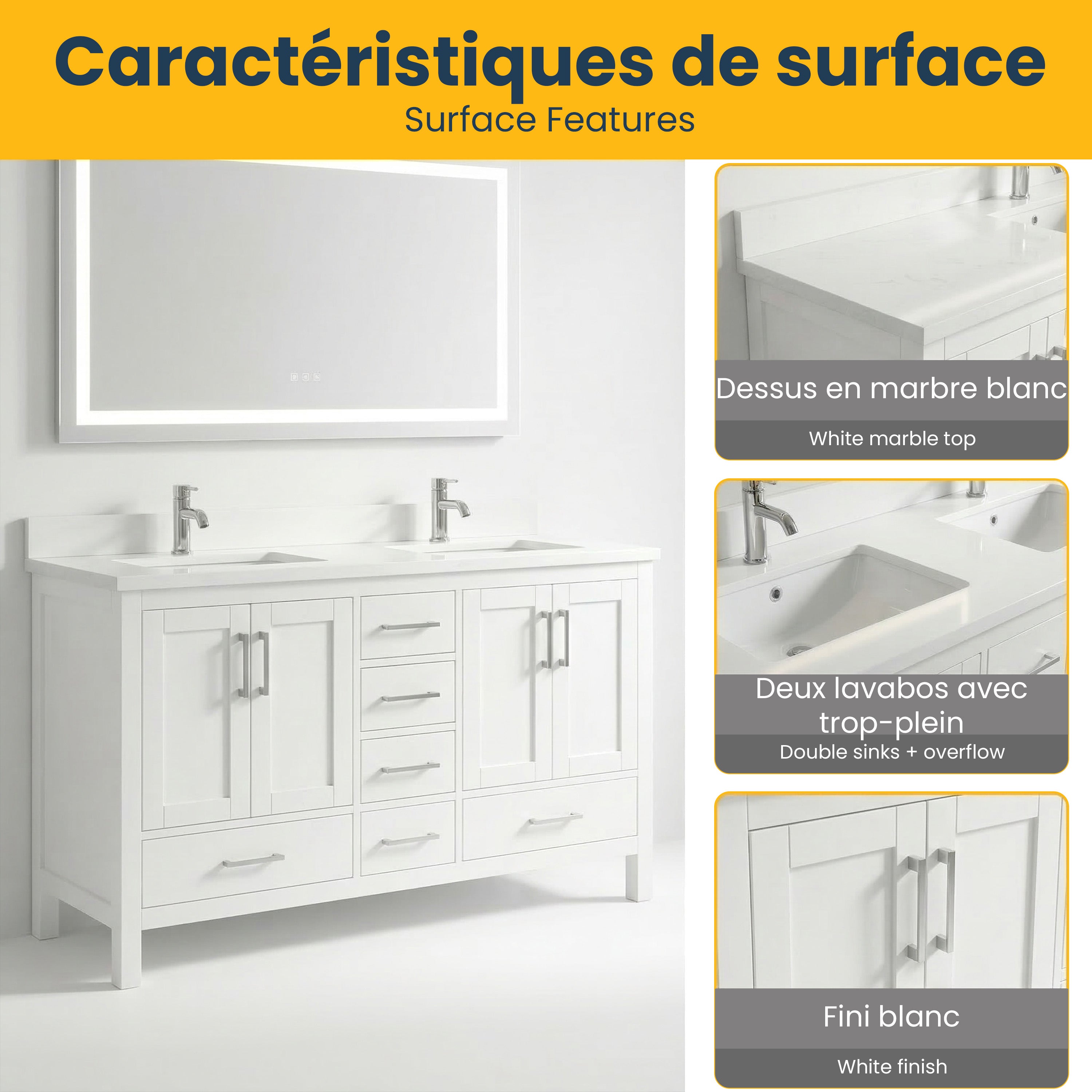 60" White Freestanding Double Sink Bathroom Vanity with Engineered White Marble Countertop