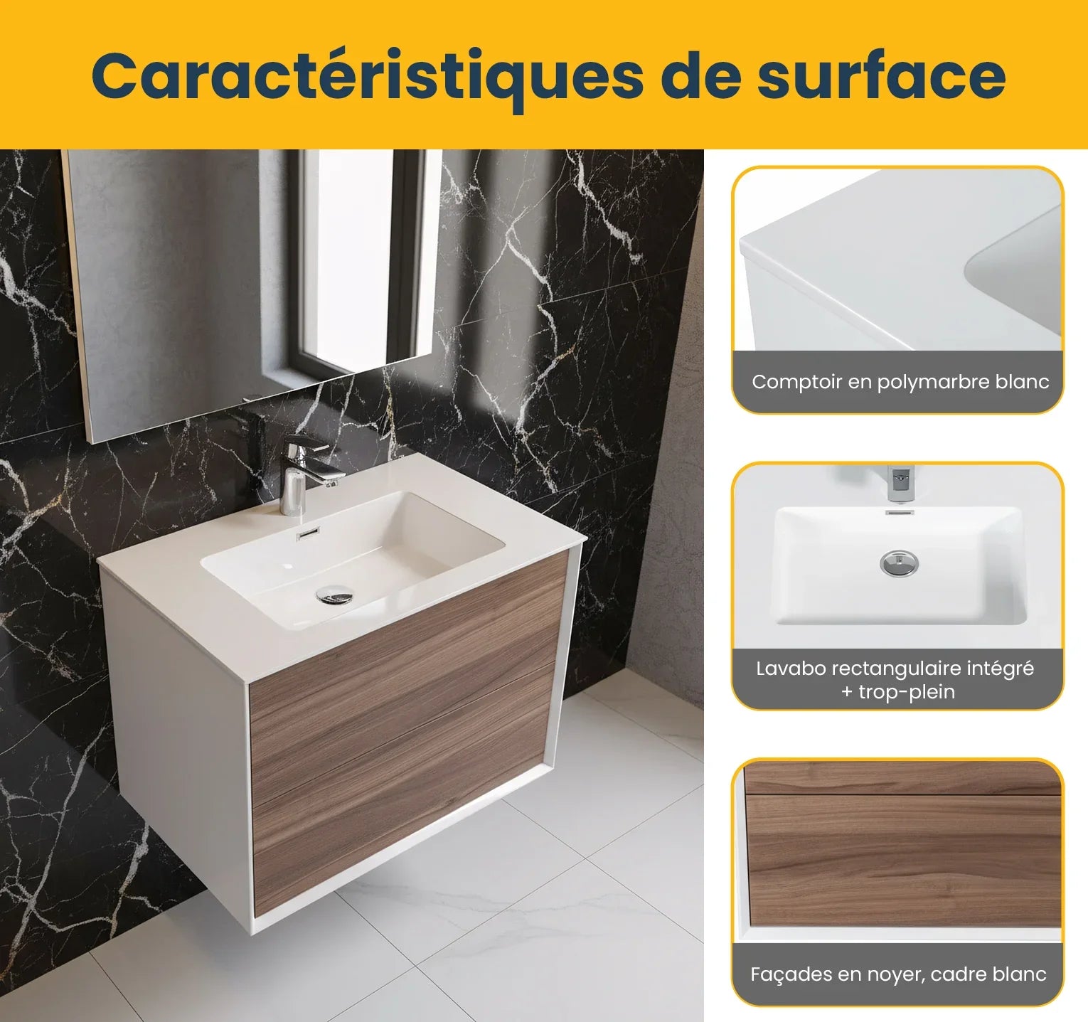 Meuble-lavabo mural en noyer 30" avec Comptoir en polymarbre blanc