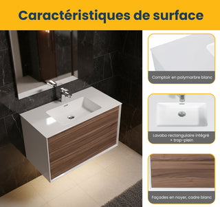 Meuble-lavabo mural en noyer de 36" avec Comptoir en polymarbre blanc